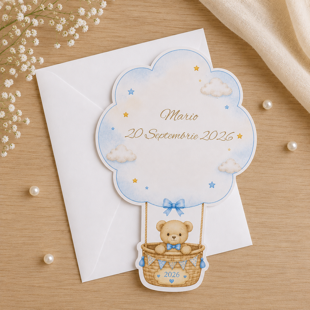 Invitatii Botez Baiat Ursulet in Balon Bleo
