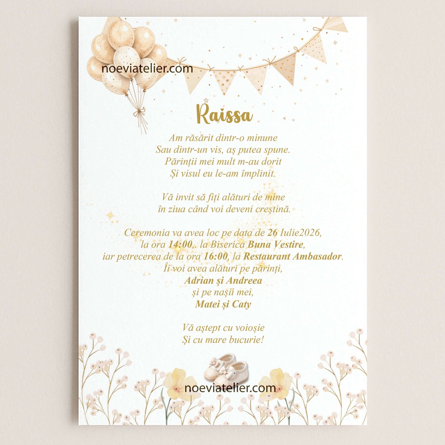 Invitatie Botez Fetita Botine Crem - Format digital