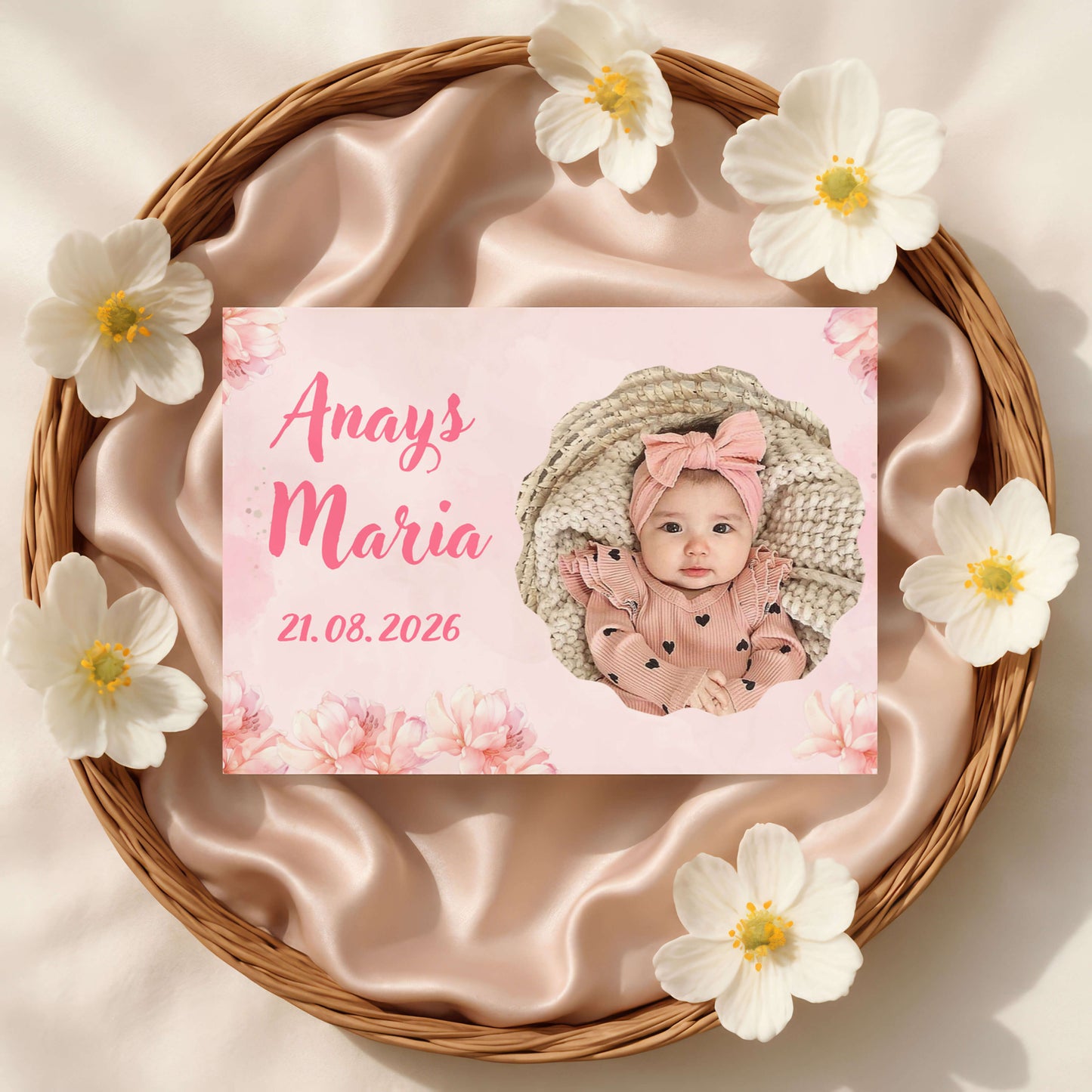 Magnet Botez Fetita Flori Roz