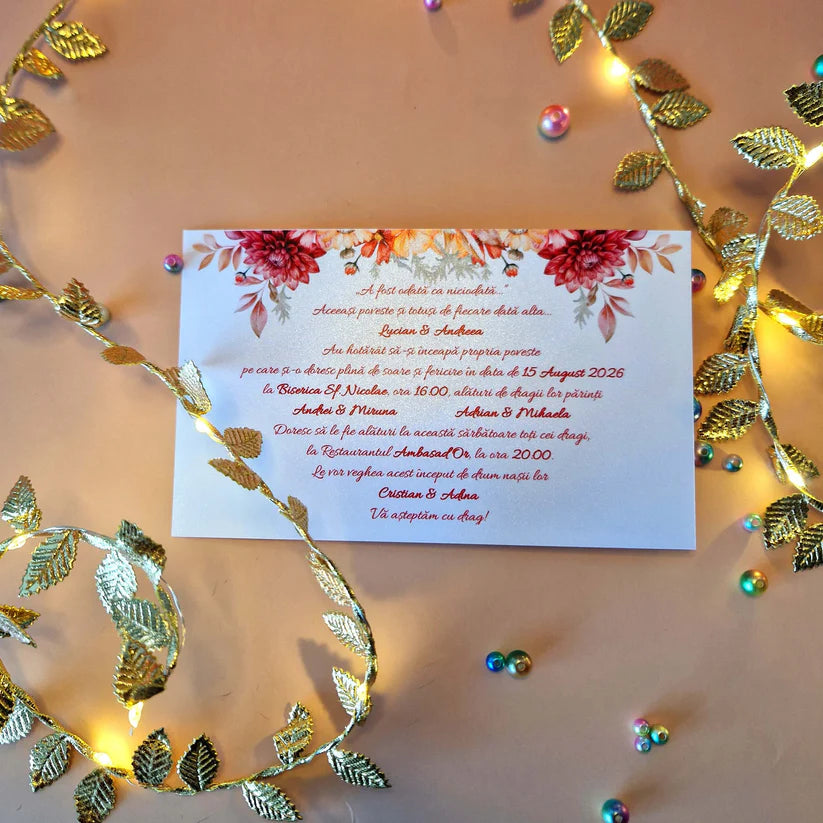 Invitație Eleganta de Nunta cu Flori si Plic Rosu Inima – Carton Sidefat