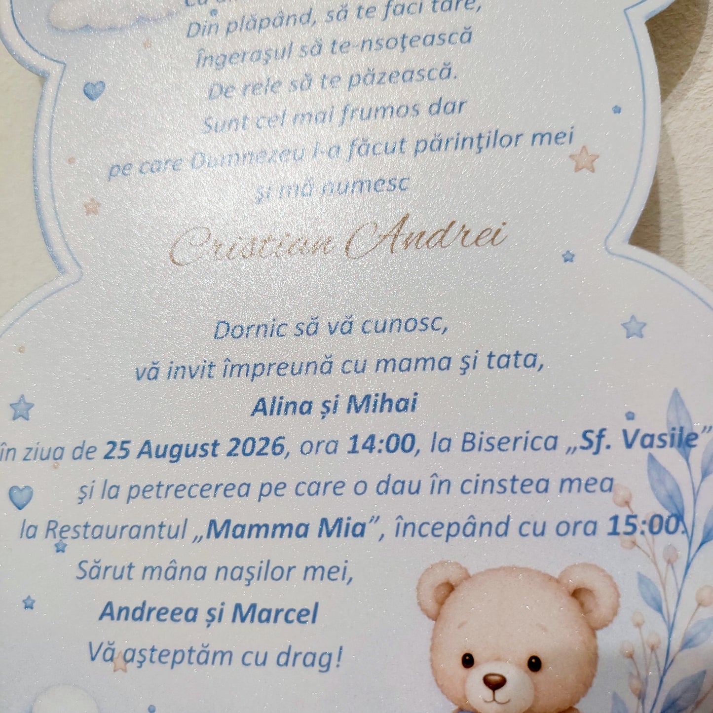 Invitatii Botez Baiat Ursulet - Carton Luster