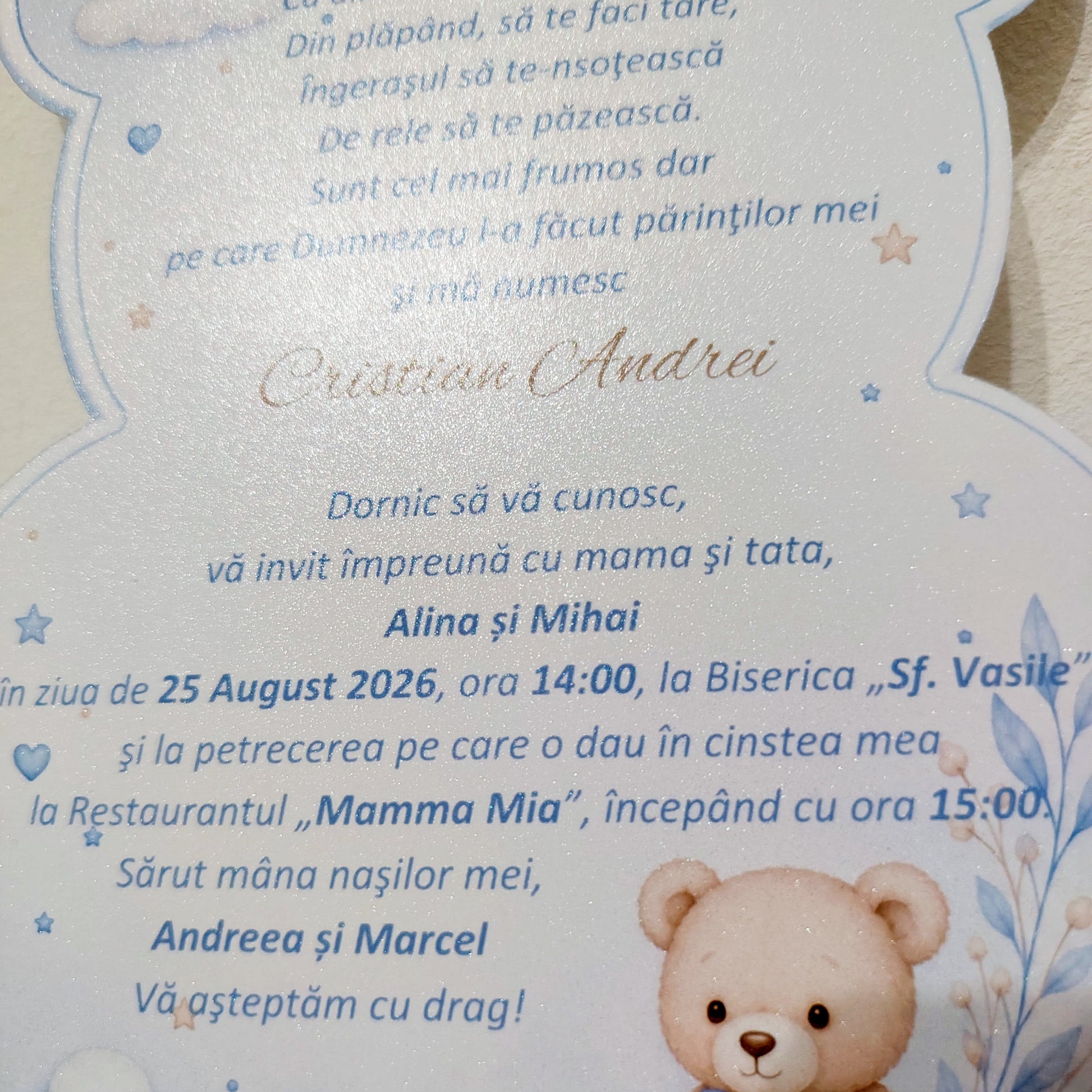 Invitatii Botez Baiat Ursulet - Carton Luster