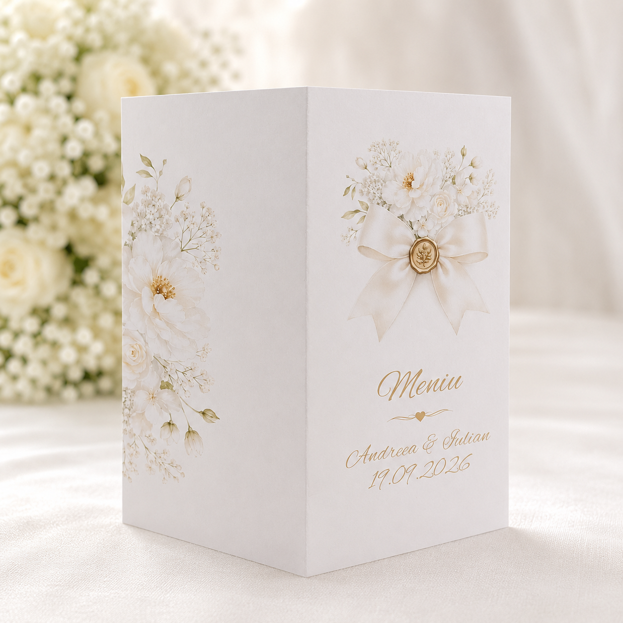 Meniu Nunta Flori Albe si Funda Decorativa