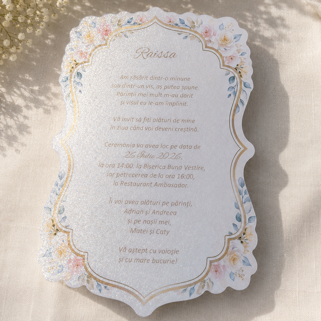 Invitatie Botez Eleganta cu Flori Pastel