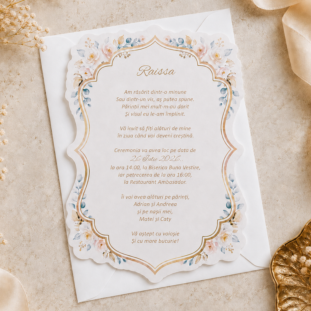 Invitatie Botez Eleganta cu Flori Pastel