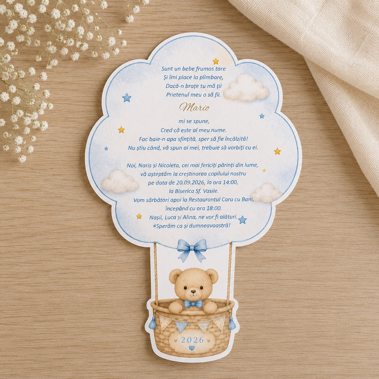 Invitatii Botez Baiat Ursulet in Balon Bleo