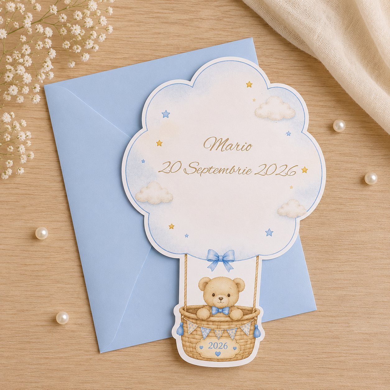 Invitatii Botez Baiat Ursulet in Balon Bleo