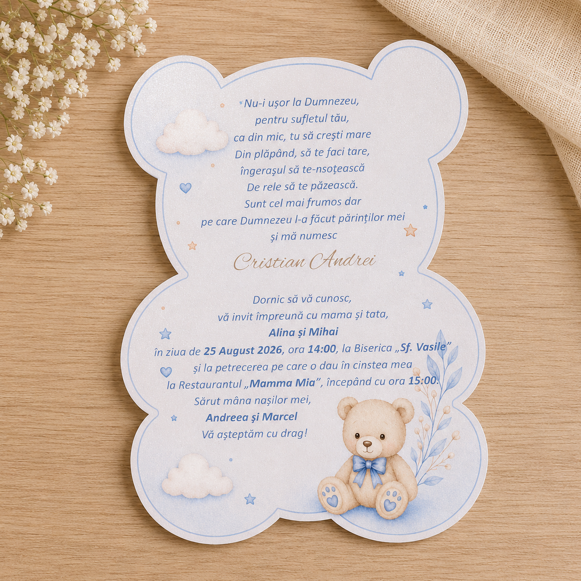 Invitatii Botez Baiat Ursulet - Carton Luster