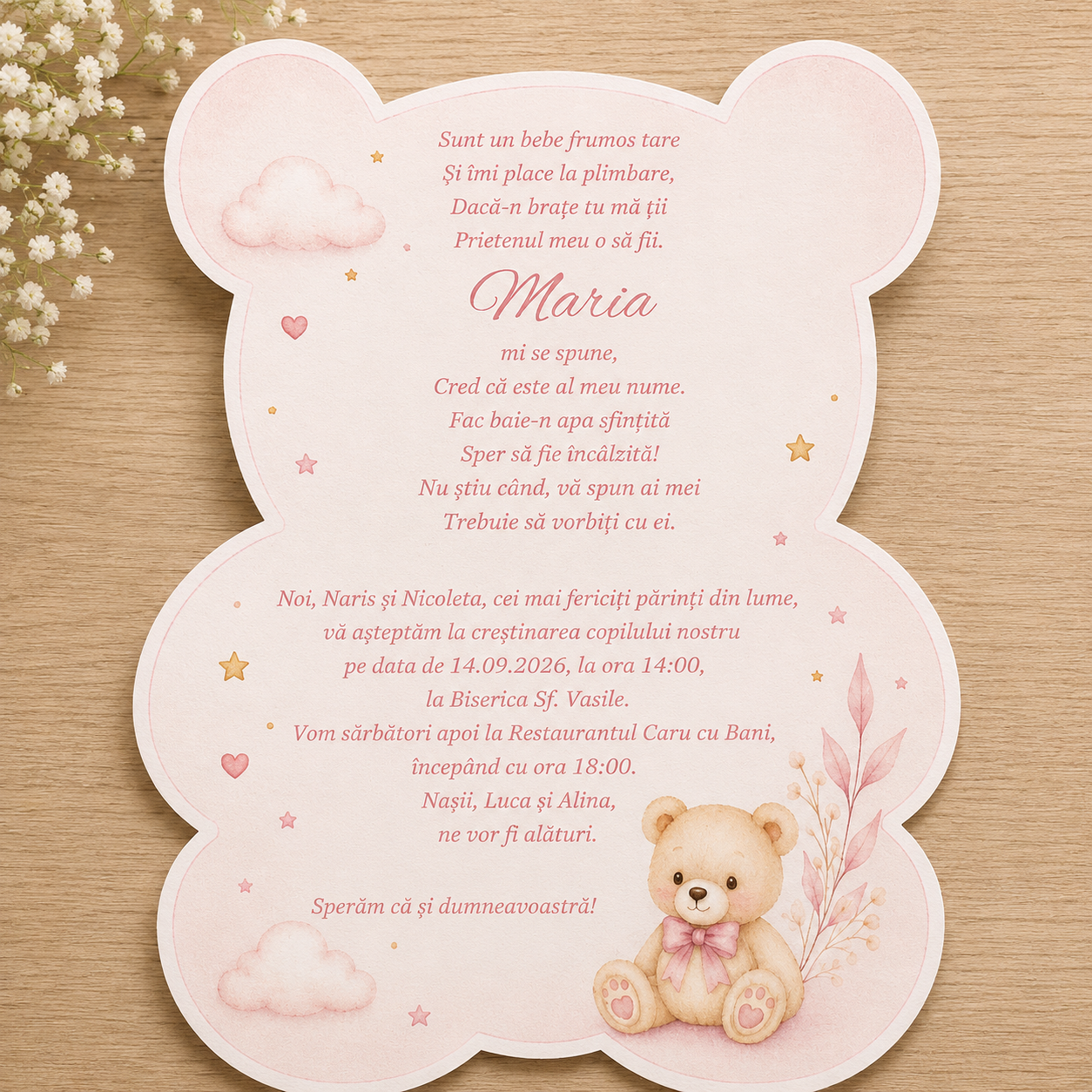 Invitatii Botez Fetita Ursulet Roz