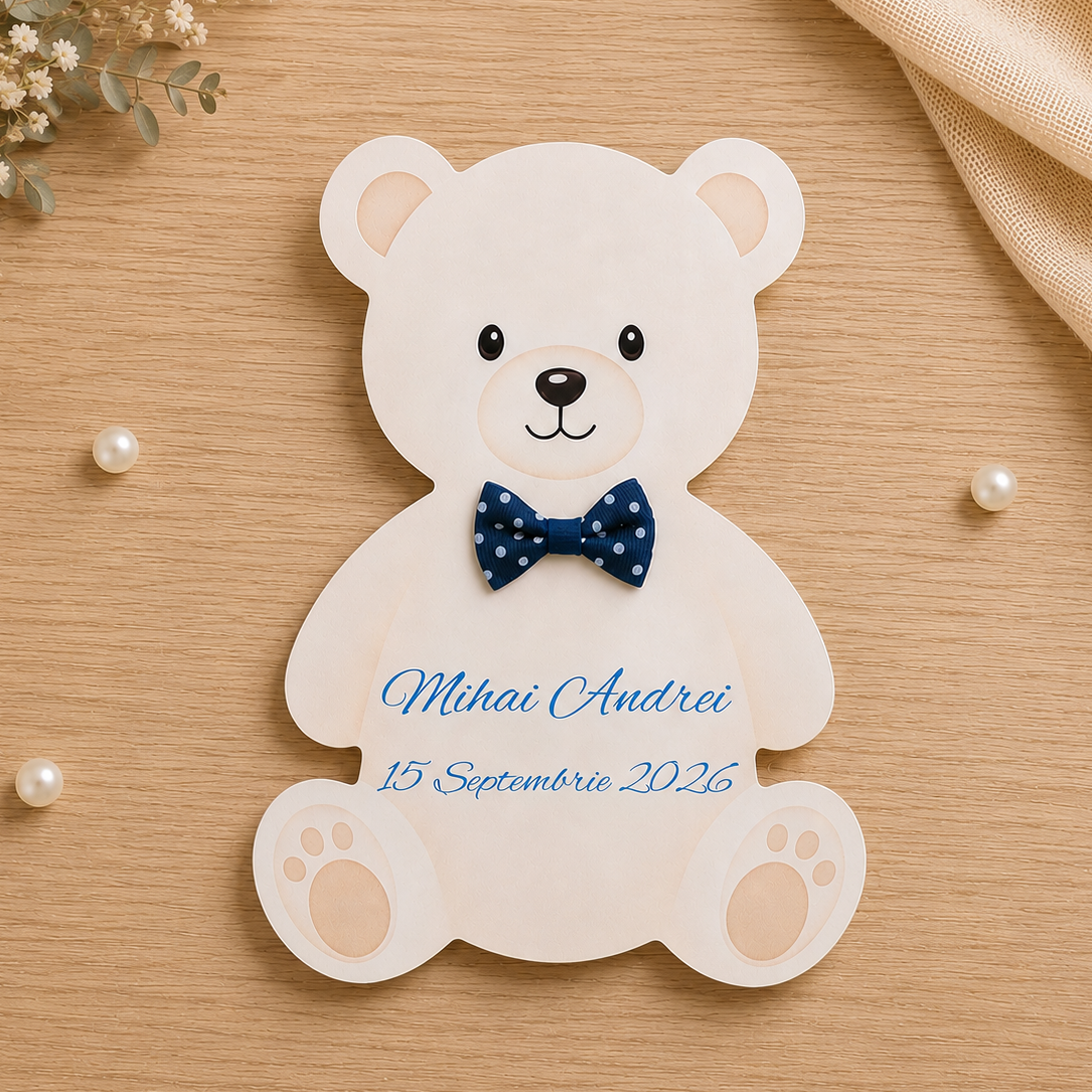 Invitatie Botez Baiat Ursulet Decupat cu Fundita Bleumarin