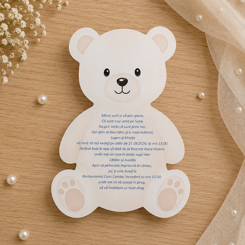 Invitatie Botez Baiat Ursulet Decupat cu Fundita Bleumarin