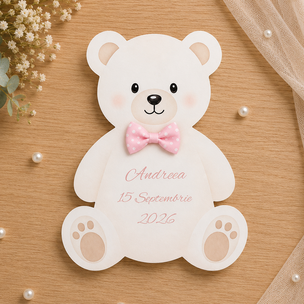 Invitatie Botez Fetite Ursulet Papion Roz