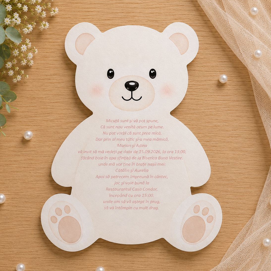 Invitatie Botez Fetite Ursulet Papion Roz