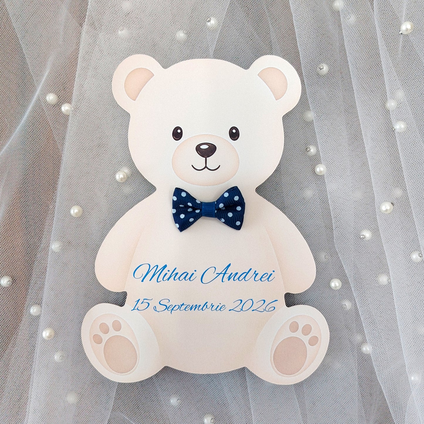 Invitatie Botez Baiat Ursulet Decupat cu Fundita Bleumarin