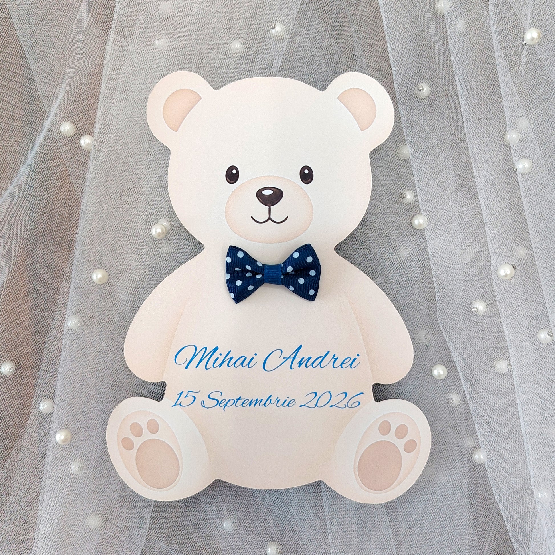 Invitatie Botez Baiat Ursulet Decupat cu Fundita Bleumarin
