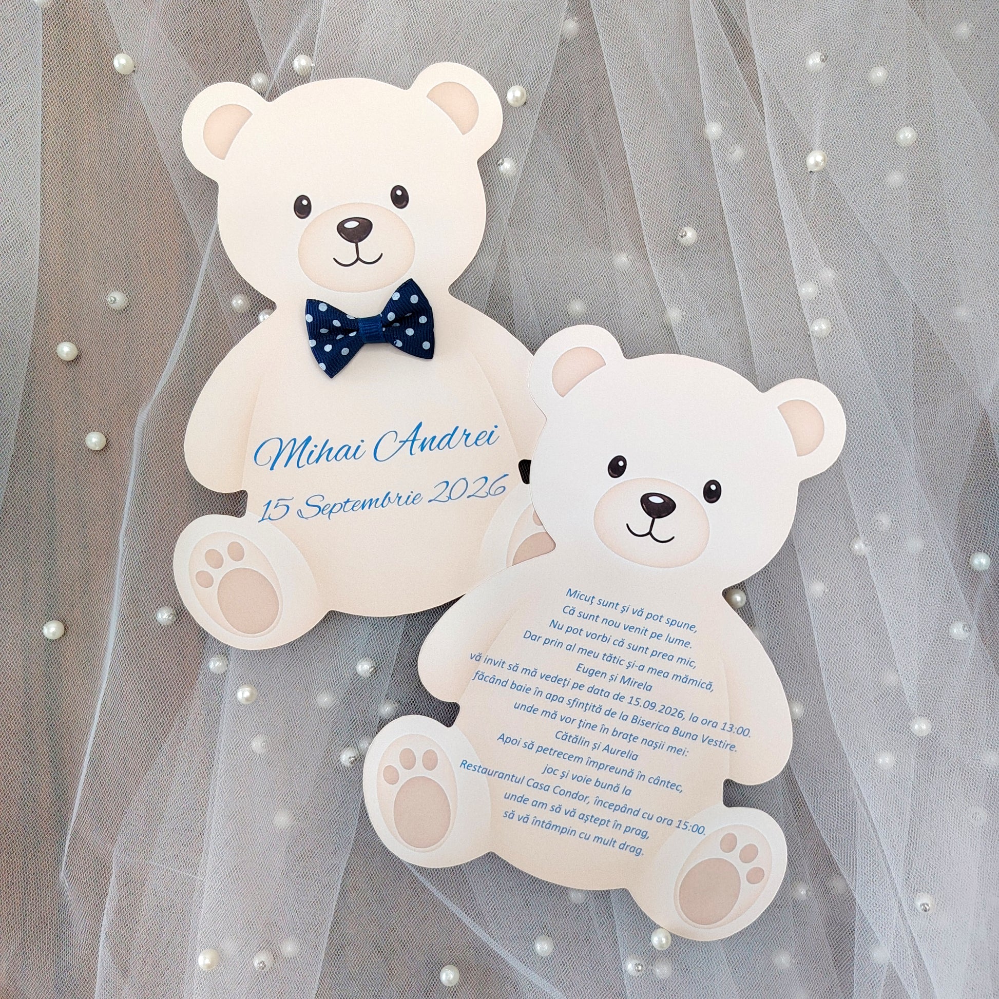 Invitatie Botez Baiat Ursulet Decupat cu Fundita Bleumarin