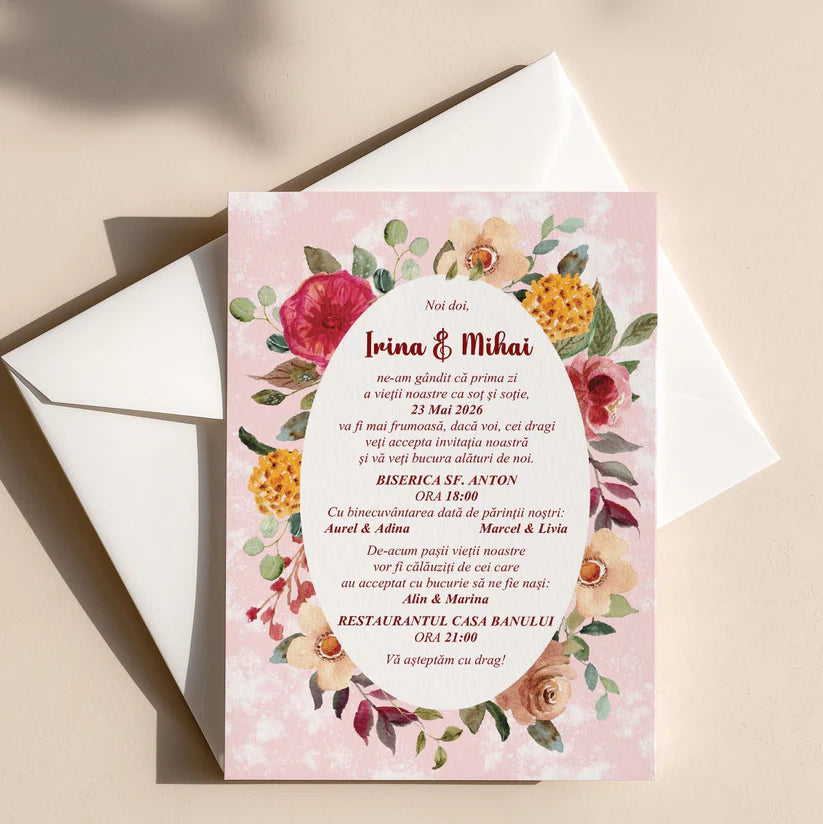 Invitatie Nunta Eleganta cu Rama Florala si Fundal Roz