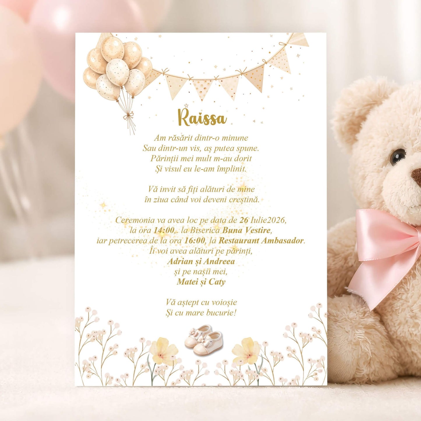 Invitatii Botez Fetita Botine Crem