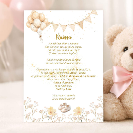 Invitatii Botez Fetita Botine Crem