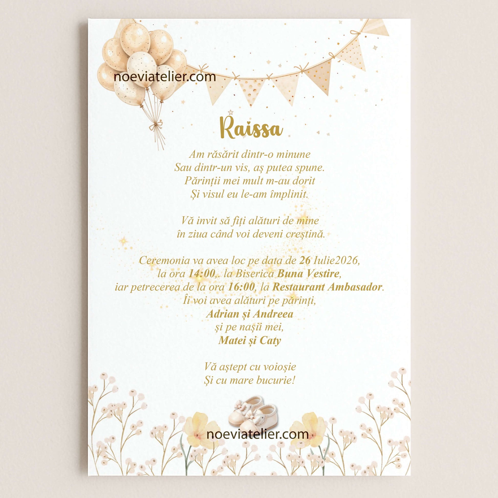 Invitatie Botez Fetita Botine Crem - Format digital