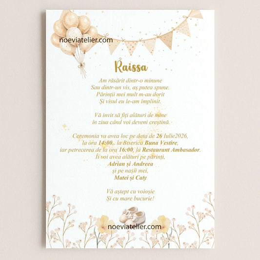 Invitatie Botez Fetita Botine Crem - Format digital