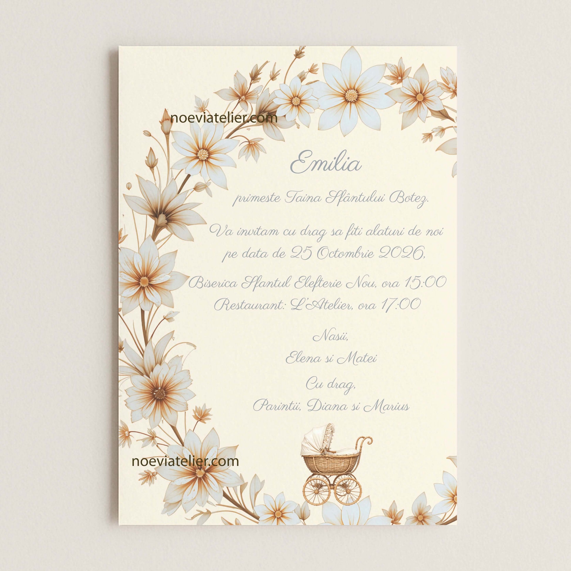 Invitatie Botez Fetita Carucior Crem - Format digital