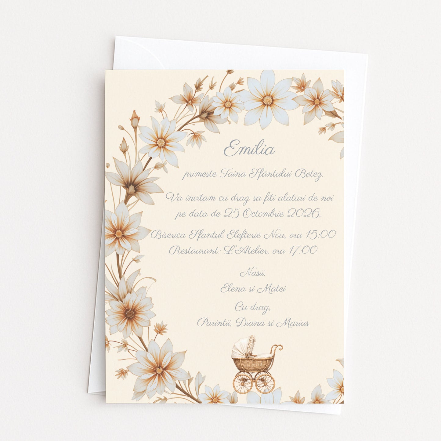 Invitatii Botez Fetita Carucior Crem