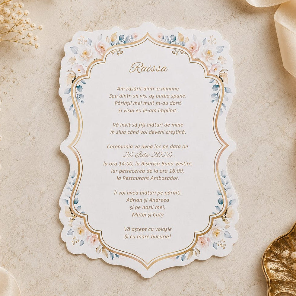 Invitatie Botez Eleganta cu Flori Pastel