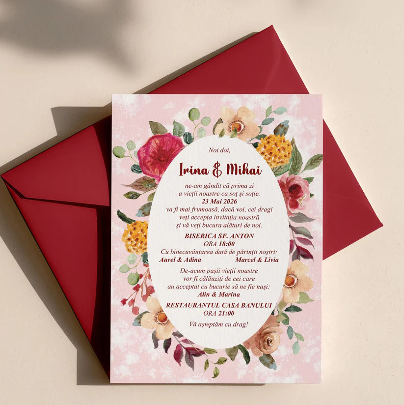 Invitatie Nunta Eleganta cu Rama Florala si Fundal Roz