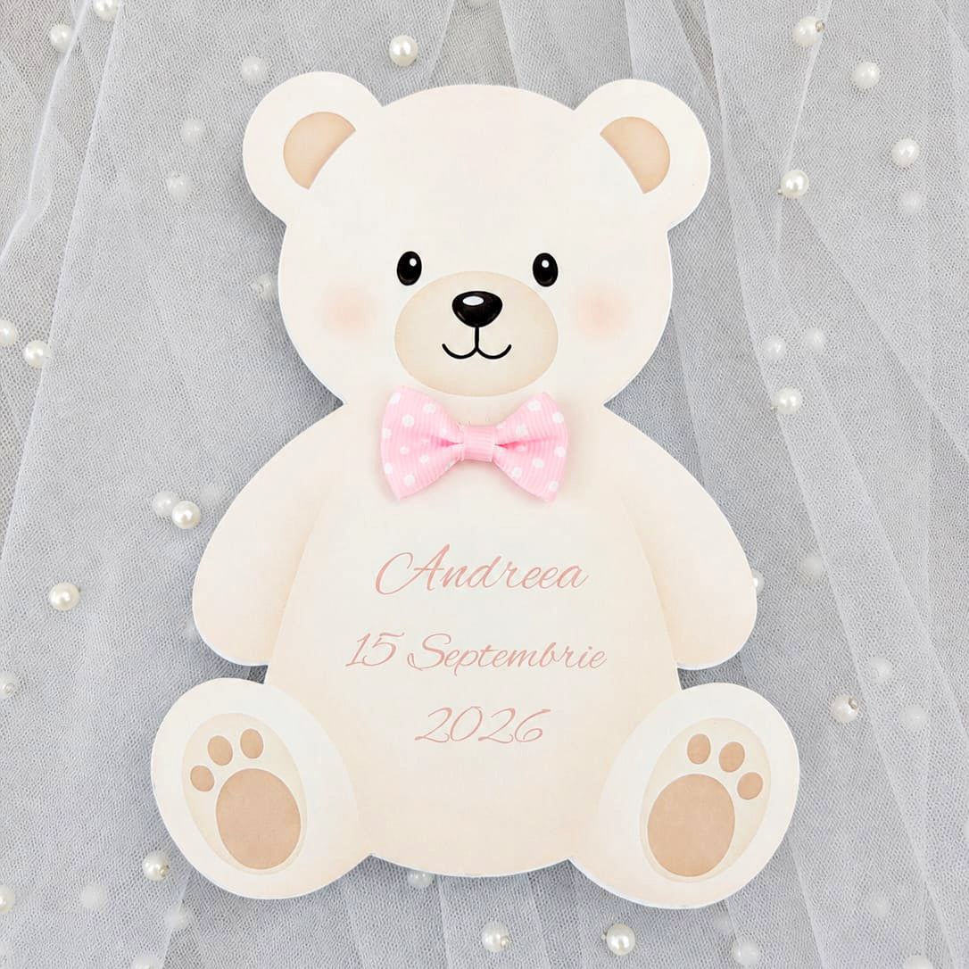 Invitatie Botez Fetite Ursulet Papion Roz