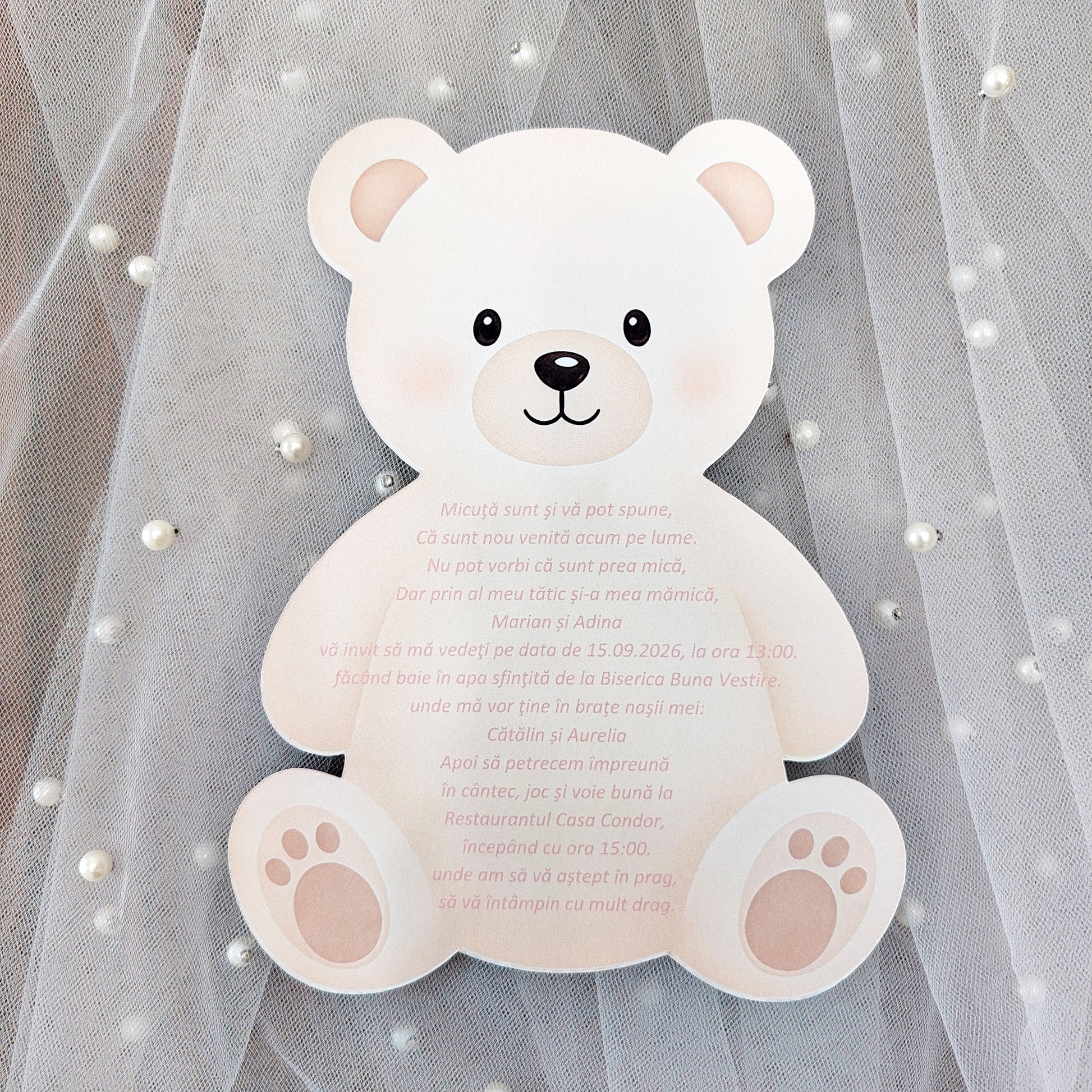Invitatie Botez Fetite Ursulet Papion Roz