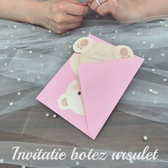 Invitatie Botez Fetite Ursulet Papion Roz