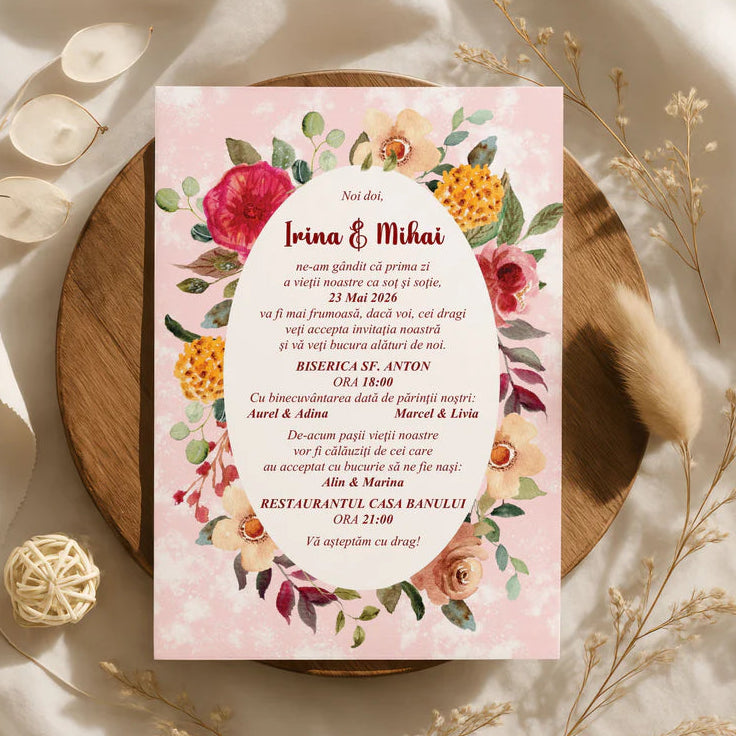 Invitatie Nunta Eleganta cu Rama Florala si Fundal Roz